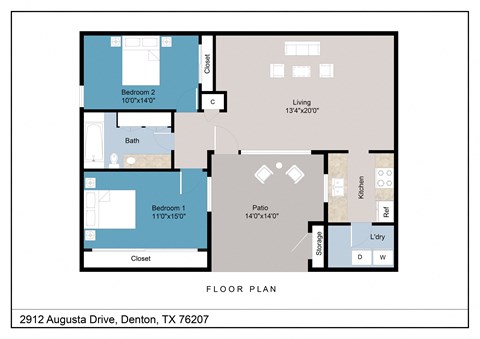 Floor plan for 2 beds, 1 bath, 931 sqft